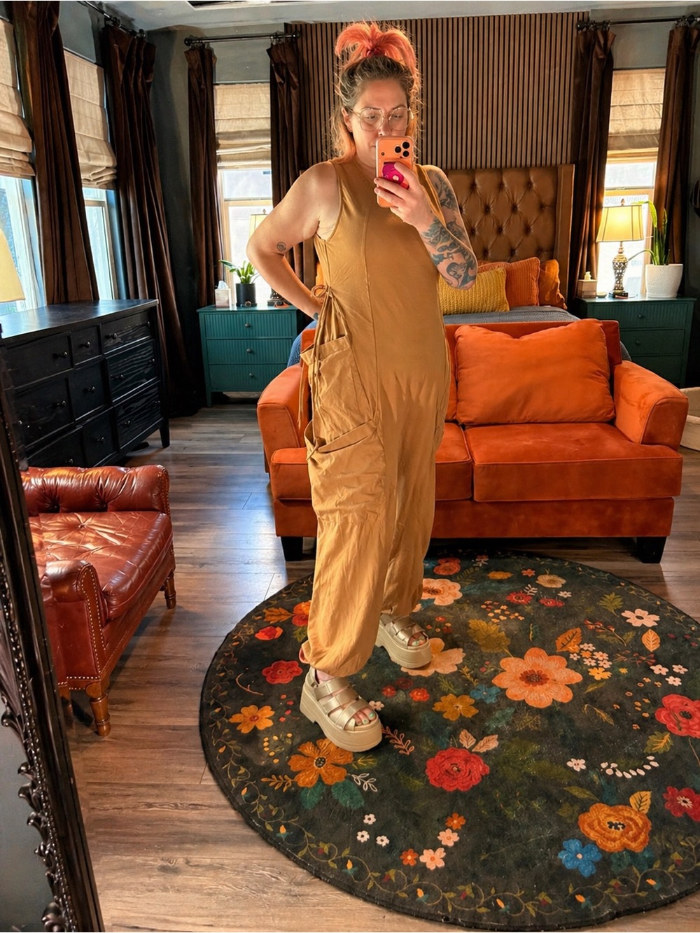 Three Bird Nest Camel Jumpsuit | Size L | Wide Leg Boho